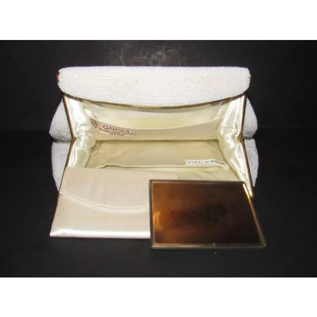 Gucci Vintage Iridescent Pearl Seed Bead With A Hinged Top White Plastic Clutch