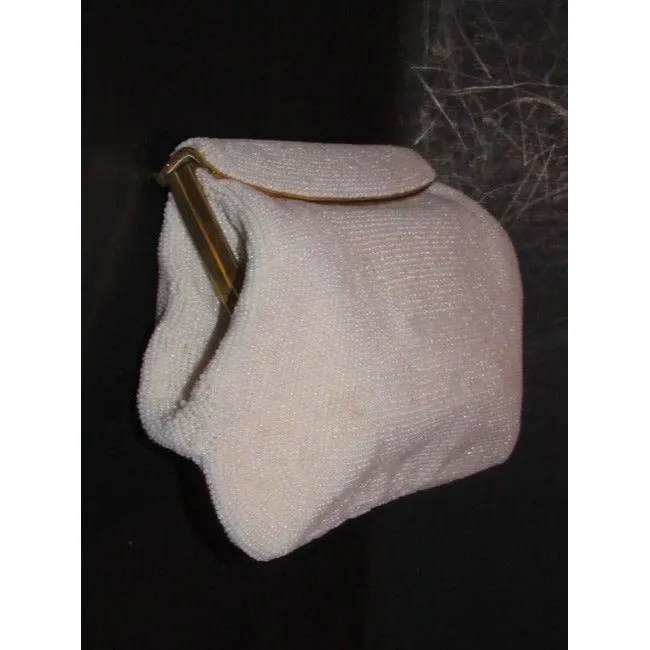 Gucci Vintage Iridescent Pearl Seed Bead With A Hinged Top White Plastic Clutch