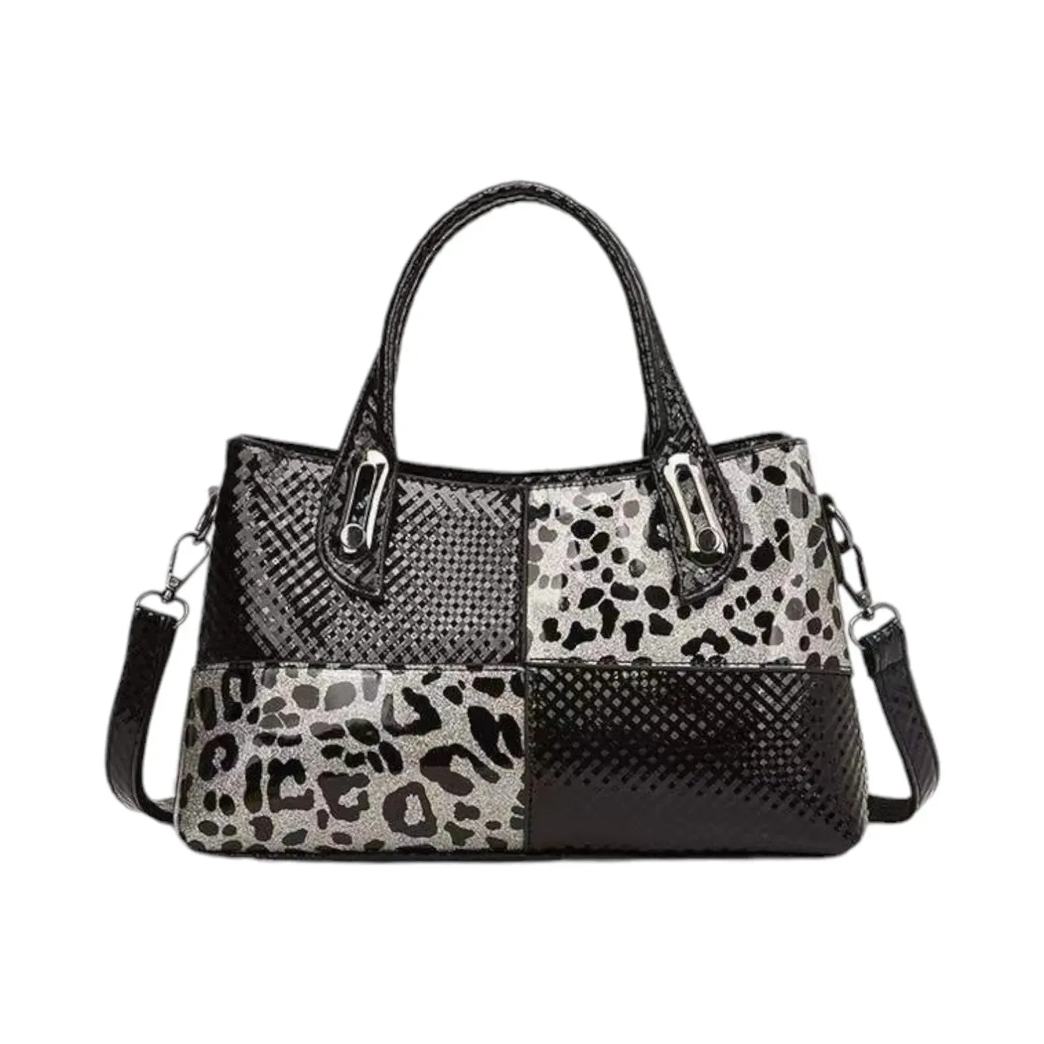 Patchwork Leopard Print Handbag with Detachable Strap
