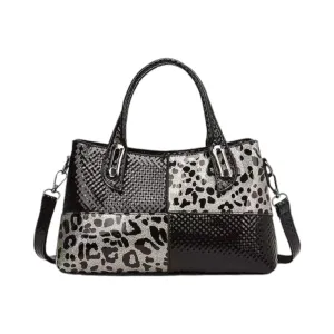Patchwork Leopard Print Handbag with Detachable Strap