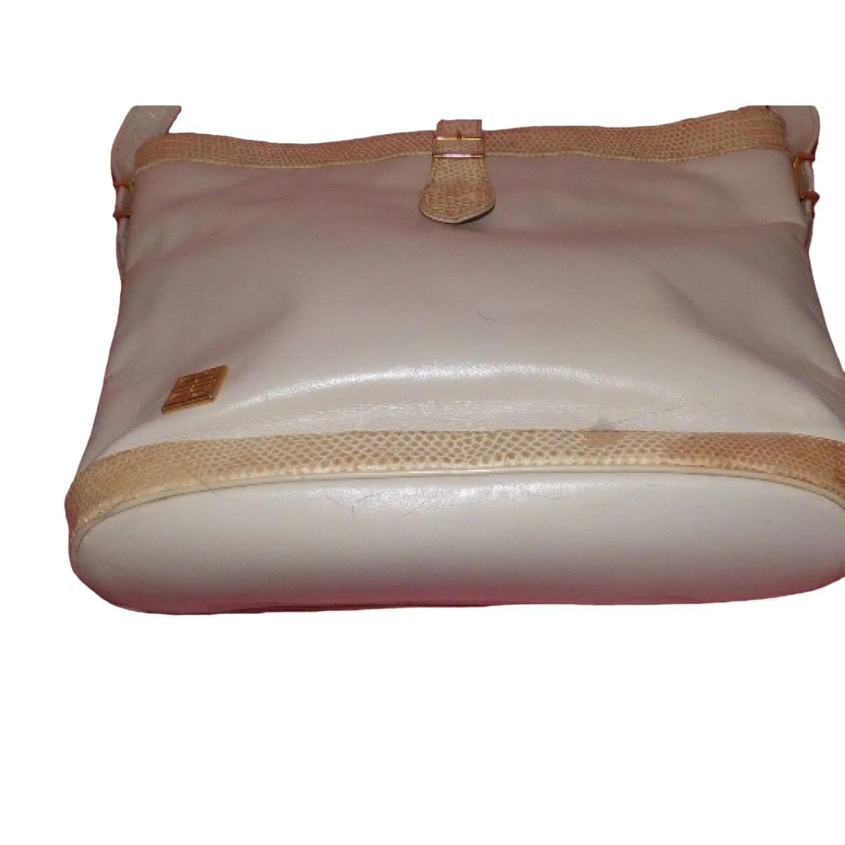 Unique, vintage, Givenchy, bucket/satchel style handbag in soft white leather with beige alligator trim accents