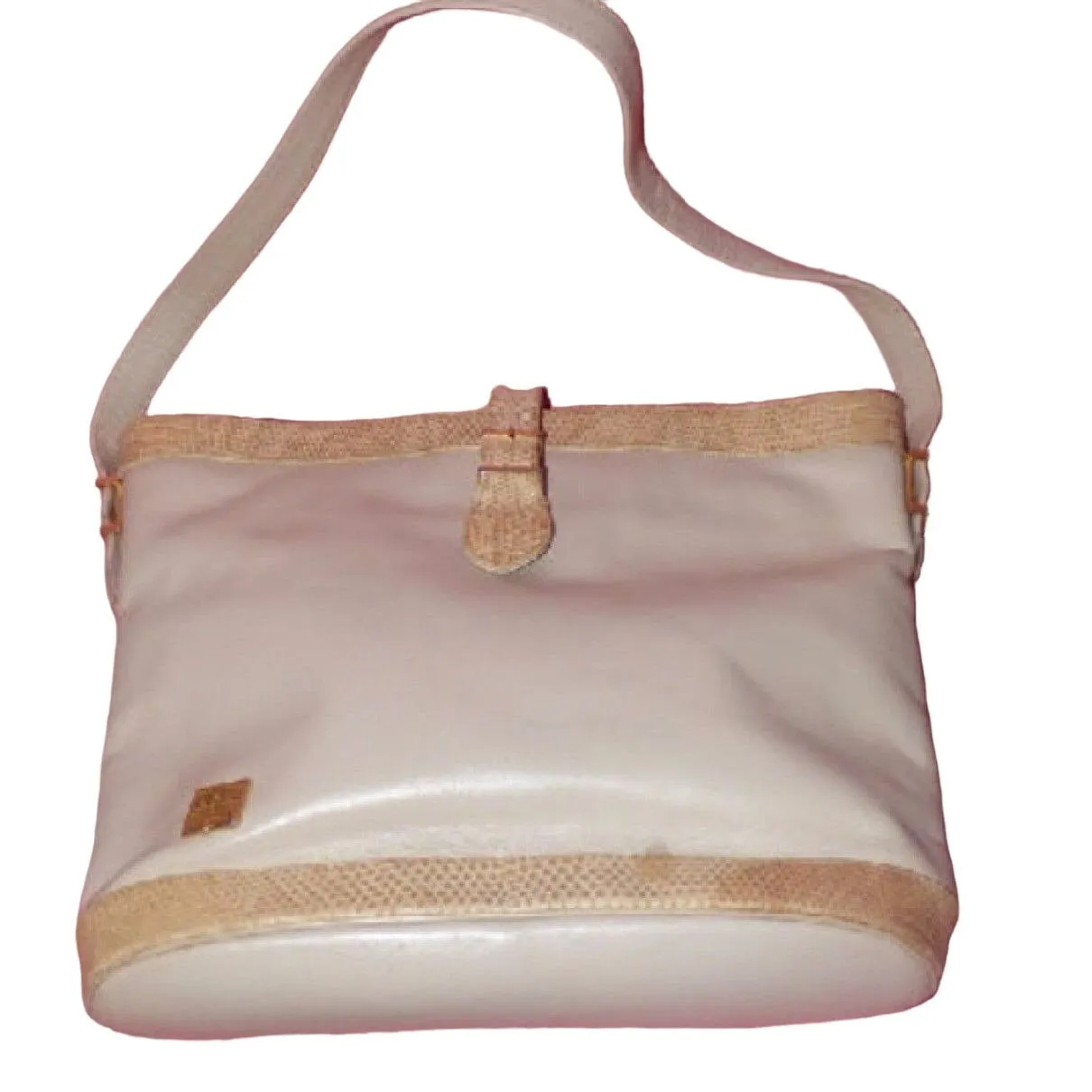 Unique, vintage, Givenchy, bucket/satchel style handbag in soft white leather with beige alligator trim accents