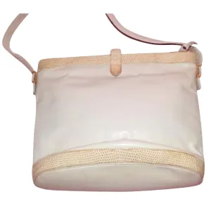 Unique, vintage, Givenchy, bucket/satchel style handbag in soft white leather with beige alligator trim accents